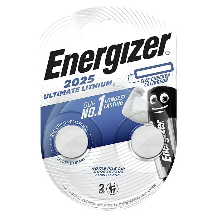 Energizer Ultimate Lithium Knopfzelle - Lithium, CR2025, 3 V, 2 Stk. - Eine Packung Energizer 2025 Lithium Batterien. Sie sind kindersicher und bieten eine lange Lebensdauer.