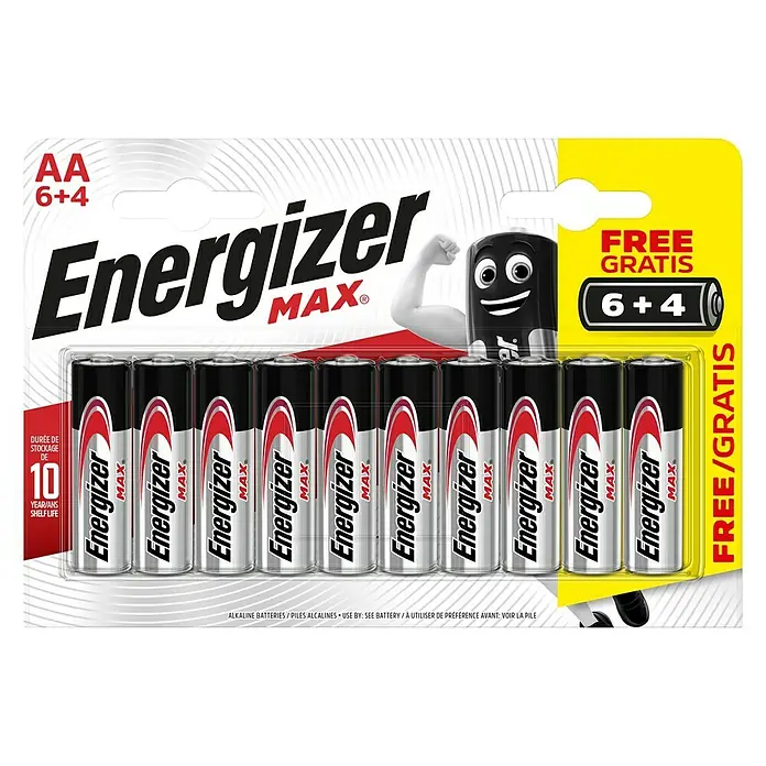 Energizer Max Alkaline-Batterie - Mignon AA, Alkali-Mangan, 10 Stk. - Abbildung einer Packung Energizer Max AA-Batterien (6+4 gratis) mit dem Energizer-Hasen und dem Hinweis auf 10 Jahre Haltbarkeit.