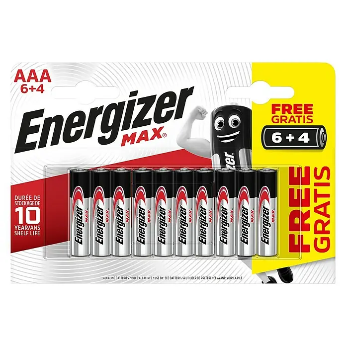 Energizer Max Batterie - Micro AAA, 1,5 V, Alkali-Mangan, 10 Stk. - Abbildung einer 10er-Packung Energizer MAX AAA-Batterien (6+4 gratis), die lange Leistung und Zuverlässigkeit für Ihre Geräte bietet.