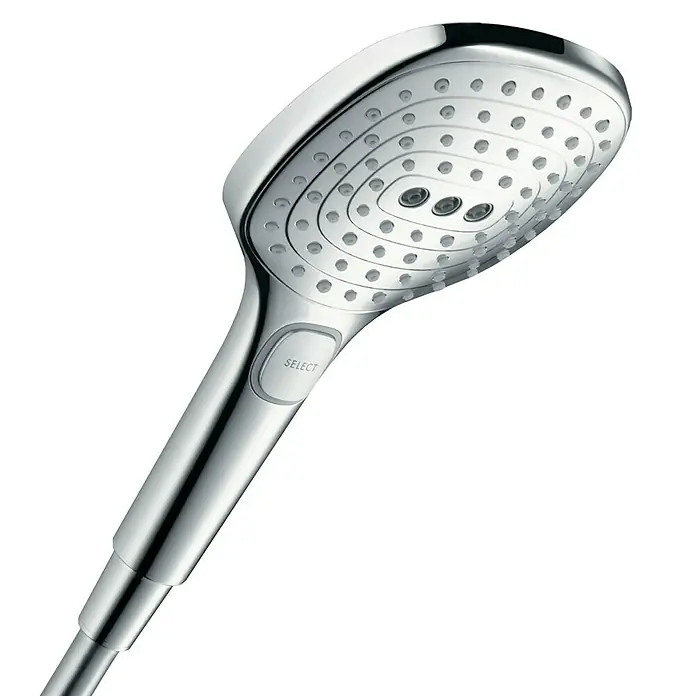 Hansgrohe Brausegarnitur Raindance Select E 120 - Lochabstand: 91,5 cm, Art Strahl: Rain, RainAir, Whirl, Chrom - Nahaufnahme eines Hansgrohe Handbrause Select mit verschiedenen Strahlarten, ideal für ein modernes Badezimmerdesign.