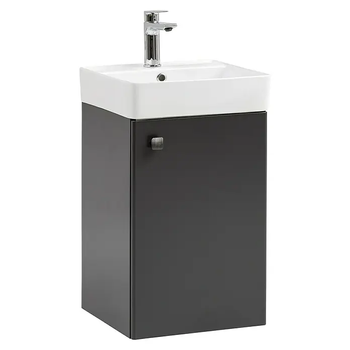 Camargue Visita Waschtischunterschrank - 40 x 40 x 60 cm, Anthrazit - Ein moderner Waschtischunterschrank in Grau mit einem weißen Aufsatzwaschbecken und einem schlichten, verchromten Wasserhahn. Elegantes Design für jedes Badezimmer.