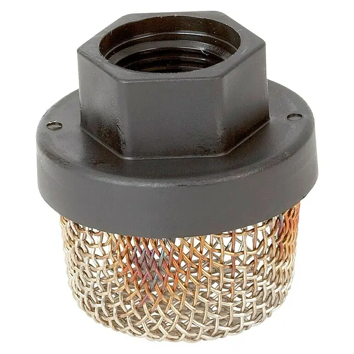 Graco Filtro de aspiración - Específico para: Graco Magnum Sistema de pulverización A80 y A100 - La imagen muestra una válvula de retención negra con un filtro de malla metálica en la parte inferior. Es un producto robusto y duradero.