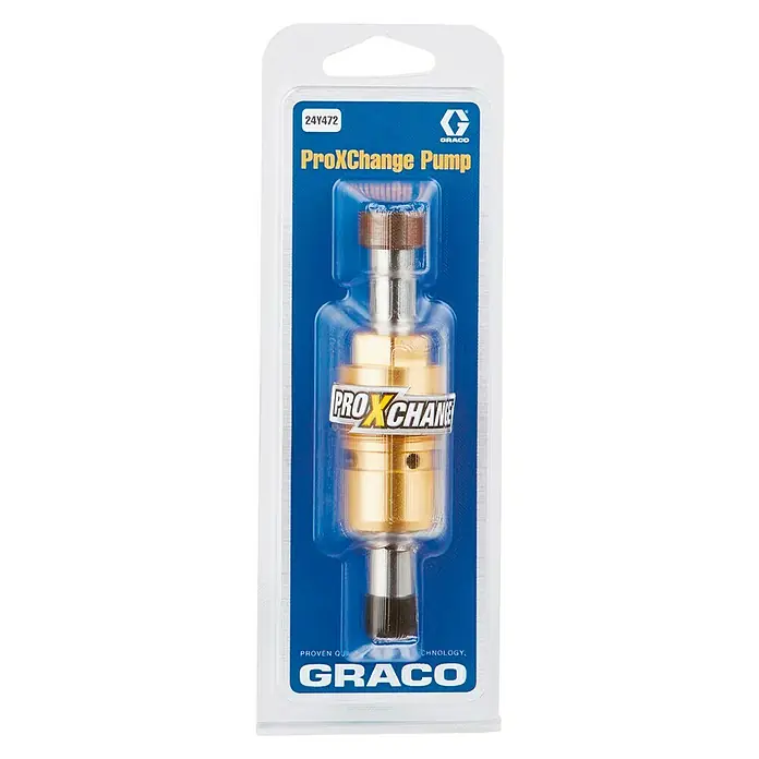 Graco Kit de reparación PRO X 24Y472 - Específico para: Graco Magnum Sistema de pulverización A60 - Aquí hay una bomba Graco ProXChange en su embalaje transparente. Es de color dorado y plateado.