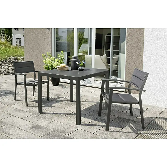 Sunfun Mesa de jardín extensible Luciana - L x An x Al: 180 x 100 x 75 cm, Aluminio, Negro, Extensible - Un conjunto de mesa de patio con dos sillas, perfecto para uso en exteriores. El conjunto destaca por su diseño moderno y acabado robusto.