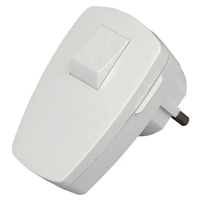 UniTEC Winkel-Schutzkontaktstecker - 250 V, IP20, Weiß - Nahaufnahme eines weißen Schalters mit integriertem Stecker, ideal für die Steuerung von Lampen oder anderen Geräten.