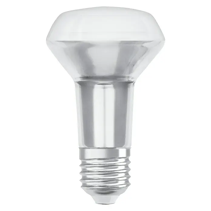 Osram Star Bombilla LED Retrofit R63 - E27, No regulable, Blanco cálido, 210 lm, 2,6 W - Primer plano de una bombilla reflectora LED transparente con base E27, ideal para iluminación focalizada y eficiencia energética en el hogar.