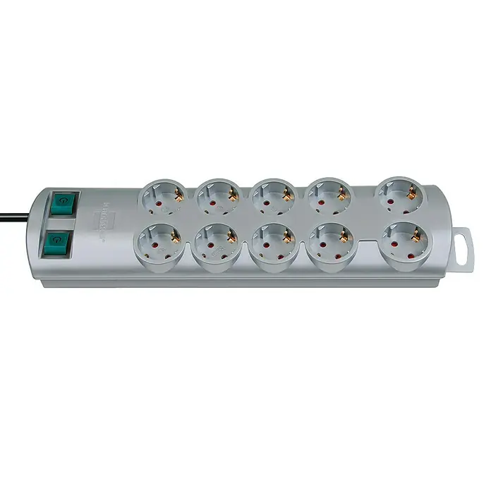 Brennenstuhl Primera-Line Base de enchufe múltiple - Plateado, Longitud del cable: 2 m, IP20, Con interruptor - Regleta de alimentación plateada con diez enchufes y dos interruptores verdes para usar en casa o en la oficina y conectar varios dispositivos.