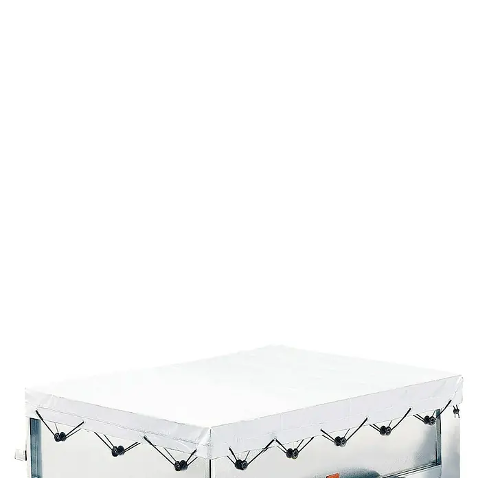 Toldo - An x Al: 110 x 92 cm, Específico para: Remolque DBD RV-318, Aluminio, Revestido - Una lona blanca que cubre un remolque, sujeta con cuerdas elásticas negras, diseñada para proteger la carga.