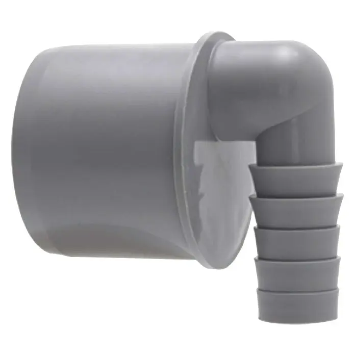 Marley Schlauchwinkel - Durchmesser: 50 mm - Nahaufnahme eines grauen PVC-Schlauchtüllen-Winkelstücks mit abgewinkeltem Ende und Stufenhahn für einen sicheren Sitz.