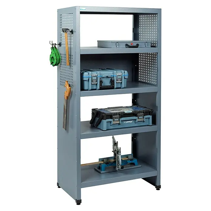 Küpper Metallregal - H x B x T: 180 x 91 x 53 cm, Traglast pro Boden: 75 kg, Anzahl Böden: 5 Stk., Stecken, Grau - Abgebildeter Werkzeugschrank mit vier Ablagen, einer Lochplatte mit Werkzeugen an der Seite und Werkzeugkisten auf den Ablagen.