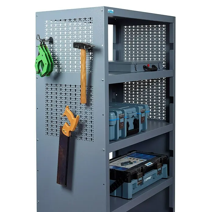 Küpper Metallregal - H x B x T: 180 x 91 x 53 cm, Traglast pro Boden: 75 kg, Anzahl Böden: 5 Stk., Stecken, Grau - Werkzeugschrank mit Hämmern, Sägen und Boxen.