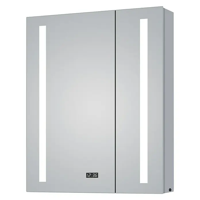 DSK LED-Spiegelschrank Aluminio Sun - B x H: 60 x 70 cm, Aluminium, Silber - Modern beleuchteter Badezimmerspiegelschrank mit digitaler Uhr für stilvolle Aufbewahrung und praktische Zeitmessung im Bad.