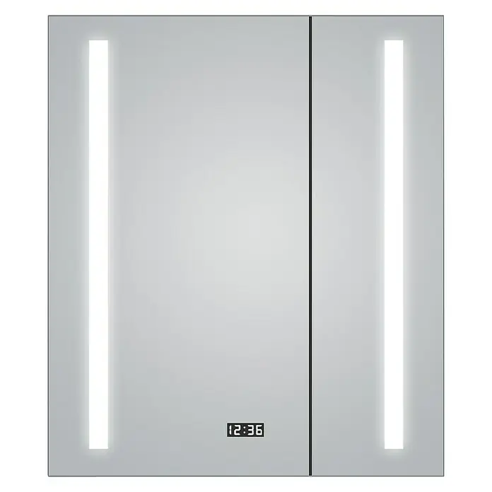 DSK LED-Spiegelschrank Aluminio Sun - B x H: 60 x 70 cm, Aluminium, Silber - Dieser moderne Spiegelschrank mit LED-Beleuchtung und integrierter Digitaluhr bietet Funktionalität und stilvolles Design für jedes Badezimmer.