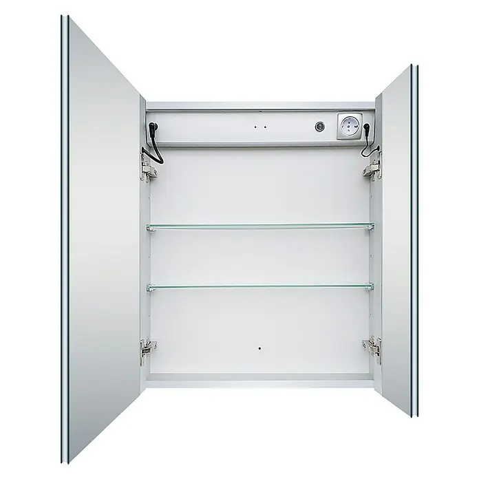 DSK LED-Spiegelschrank Aluminio Sun - B x H: 60 x 70 cm, Aluminium, Silber - Offener Spiegelschrank mit zwei Glasablagen und integrierter Steckdose. Ideal für Badutensilien und Elektrogeräte.