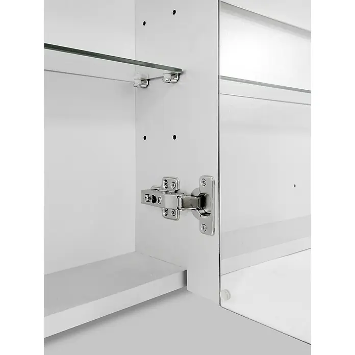 DSK LED-Spiegelschrank Aluminio Sun - B x H: 60 x 70 cm, Aluminium, Silber - Detailaufnahme eines weißen Spiegelschranks mit verstellbaren Glasböden und hochwertigen Scharnieren für Badezimmer.