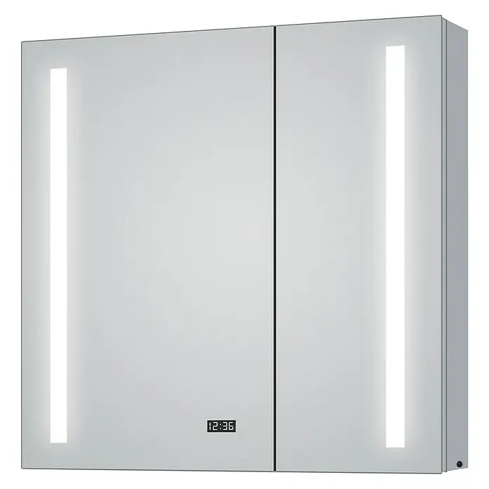 DSK LED-Spiegelschrank Aluminio Sun - B x H: 80 x 70 cm, Aluminium, Silber - Ein moderner Spiegelschrank mit integrierter Beleuchtung und einer digitalen Uhranzeige. Das Design ist minimalistisch und funktional.