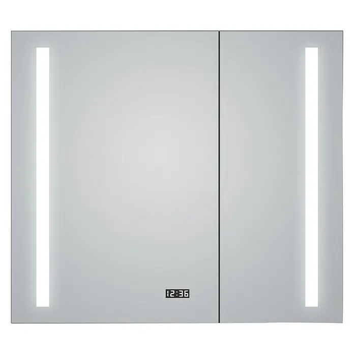 DSK LED-Spiegelschrank Aluminio Sun - B x H: 80 x 70 cm, Aluminium, Silber - Beleuchteter Spiegelschrank mit digitaler Uhranzeige, ideal für Badezimmer. Praktisch und stilvoll für die tägliche Badroutine mit integrierter Beleuchtung.