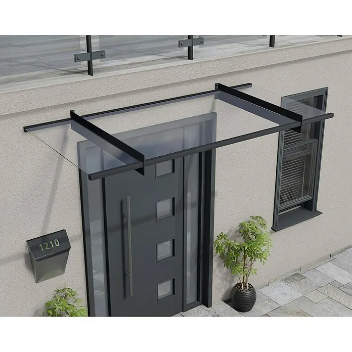 Solid Elements Pultvordach Louisa - 205,5 x 94 x 14 cm, Anthrazitgrau - Moderne Haustür mit Glasvordach und schwarzem Rahmen. Das schlichte Design verleiht dem Eingangsbereich Eleganz und Schutz vor Witterungseinflüssen.
