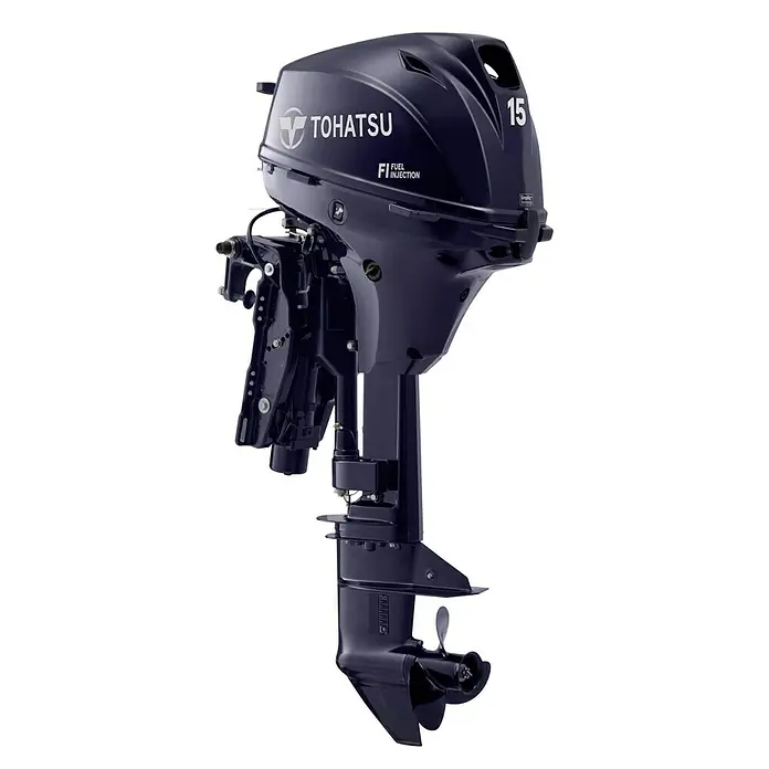 Tohatsu Außenbordmotor MFS 15 EEPL - 11 kW, Fernsteuerung, Langschaft, Elektrostart - Abbildung des Tohatsu 15-PS-Außenbordmotors, ein hochwertiger Motor für kleine Boote, robust und zuverlässig für Wassersport und Freizeit.
