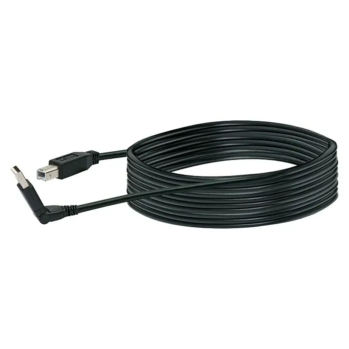 Schwaiger USB-Kabel - 3 m, USB A-Stecker, USB B-Stecker, Schwarz - Schwarzes USB-Kabel mit einem rechtwinkligen Stecker und einem normalen USB-Stecker, aufgerollt präsentiert.