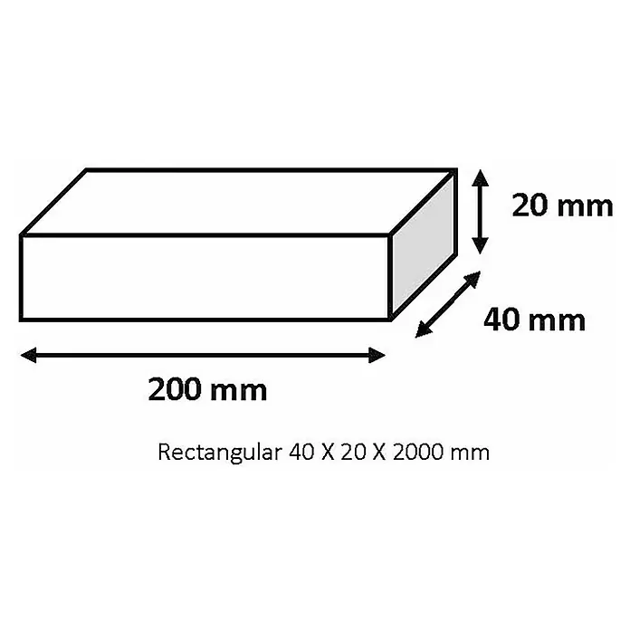 Tubo rectangular de compensación - L x An x Al: 200 x 4 x 2 cm, Cromo brillo - Ilustración de un bloque rectangular con dimensiones 40 x 20 x 200 mm, dibujo técnico.