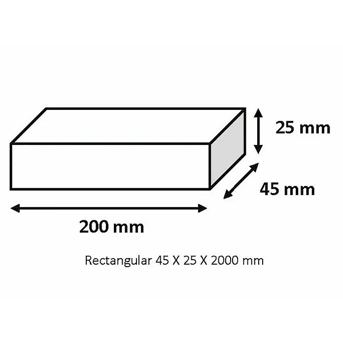 Tubo rectangular de compensación - L x An x Al: 200 x 4,5 x 2,5 cm, Cromo brillo - Ilustración de un prisma rectangular con dimensiones de 45 x 25 x 200 mm, visualizando las medidas del producto.