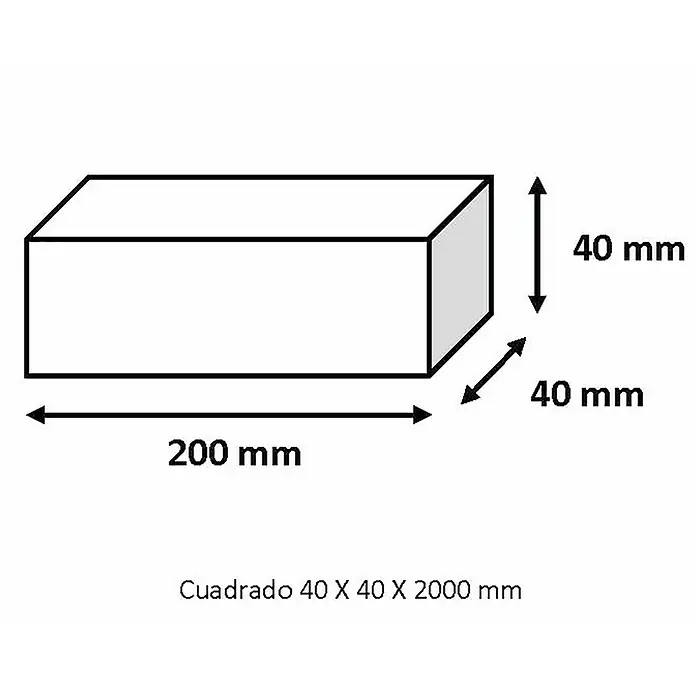 Tubo cuadrado de compensación - L x An x Al: 200 x 4 x 4 cm, Cromo brillo - Representación de una pieza cuadrada de madera de 40 x 40 x 200 mm, ideal para proyectos de construcción o manualidades.