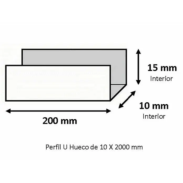 Perfil en U rectangular - L x An x Al: 200 cm x 10 mm x 15 mm, Aluminio, Blanco - Ilustración de un perfil en U con dimensiones interiores de 10 mm x 15 mm y una longitud de 200 mm.