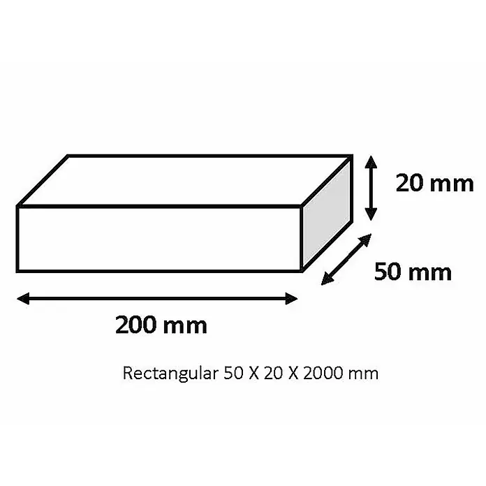 Tubo rectangular de compensación - L x An x Al: 200 x 5 x 2 cm, Cromo - Cuboide rectangular con dimensiones: longitud 200 mm, ancho 50 mm, altura 20 mm. Dibujo técnico para visualización del producto.