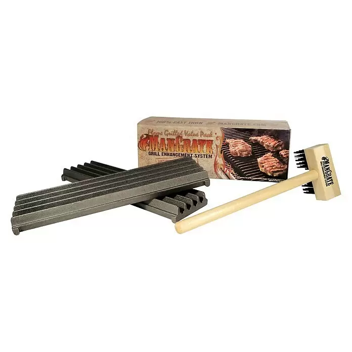 Rumo Barbeque Kit de iniciación Mangrate - 3 pzs. - Rejillas de hierro fundido con cepillo de madera y caja del producto, con carne a la parrilla.
