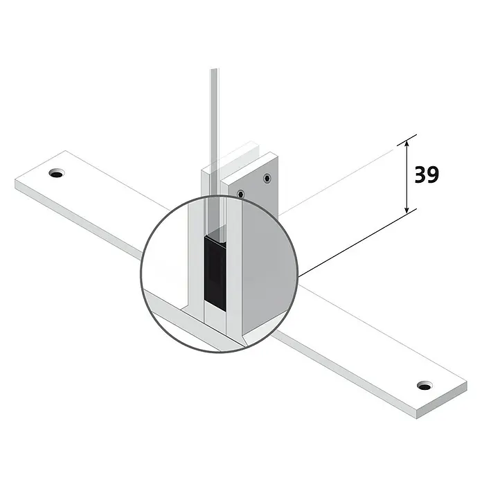 Room Plaza Abstands-Set - 40 x 25 x 8 mm, Passend für: Room Plaza Standfuß & Thekenhalter aus Aluminium - Detailansicht einer Halterung mit Maßangabe "39". Präzise Konstruktion für stabile Befestigung.