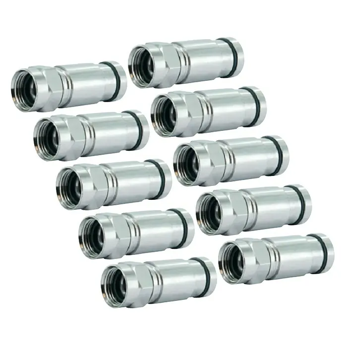 Schwaiger F-Verpressstecker - 7 mm, 10 Stk. - Eine Gruppe von zehn F-Steckern, glänzend und bereit für den Einsatz in Kabelanschlüssen. Ideal für sichere Verbindungen.