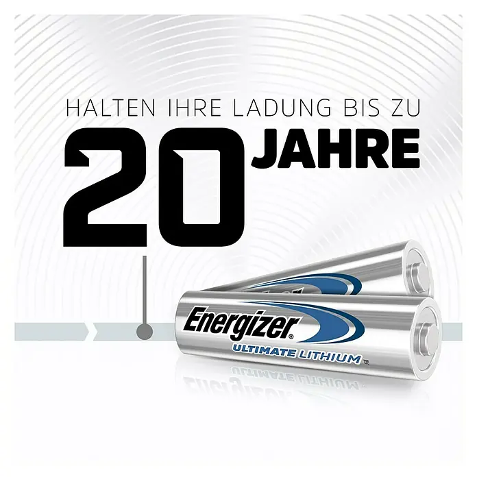 Energizer Batterie Ultimate Lithium - Mignon AA, 1,5 V, 2 Stk. - Silberne Energizer Ultimate Lithium Batterien im Vordergrund, beworben mit "Halten ihre Ladung bis zu 20 Jahre".