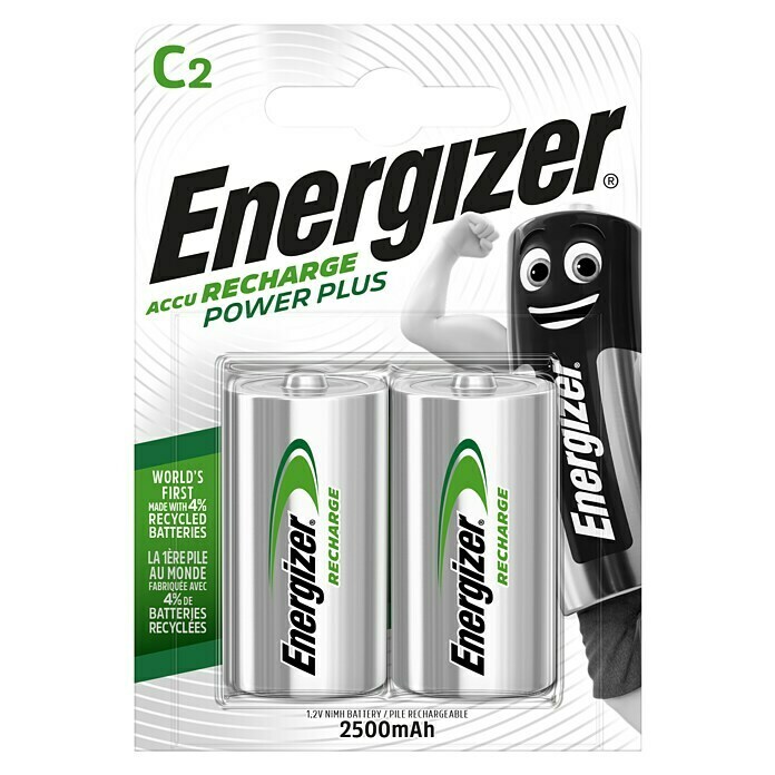 Energizer Rechargeable PowerPlus AkkuBaby C, 2.500 mAh, Nickel-Metallhydrid, 2 Stk. Front View