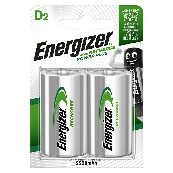 Energizer Rechargeable PowerPlus AkkuMono D, 2.500 mAh, Nickel-Metallhydrid, 2 Stk. Front View