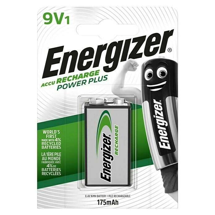 Energizer Rechargeable PowerPlus Akku9-Volt-Block, 175 mAh, Nickel-Metallhydrid Front View