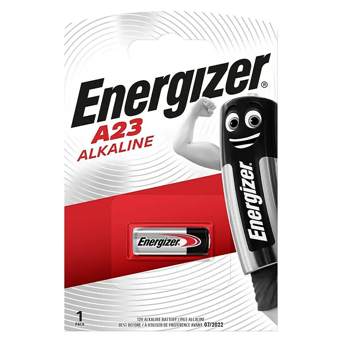 Energizer Batterie A23 - 23A, 12 V - Eine einzelne Energizer A23 Alkaline Batterie in der Originalverpackung mit dem bekannten Energizer-Hasen.