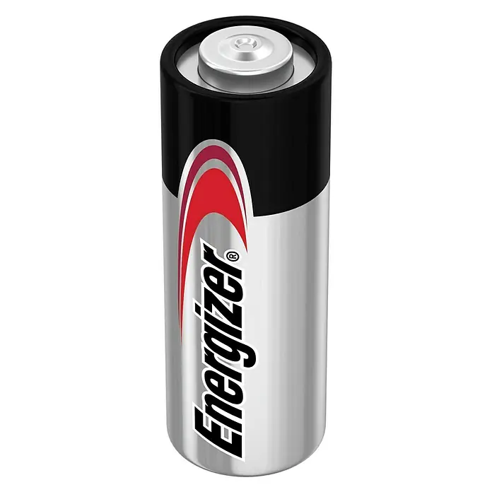 Energizer Batterie A23 - 23A, 12 V - Eine einzelne Energizer-Batterie, mit silbernem Körper und schwarzer Oberseite, mit rotem Akzent und dem Energizer-Logo.
