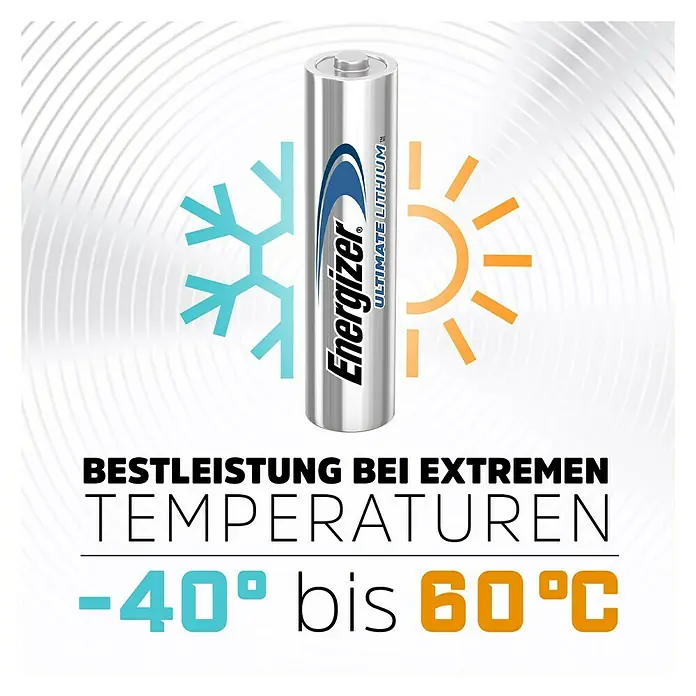 Energizer Batterie Ultimate Lithium - Micro AAA, 1,5 V, 4 Stk. - Produktfoto einer Energizer Ultimate Lithium Batterie. Geeignet für extreme Temperaturen von -40°C bis 60°C.