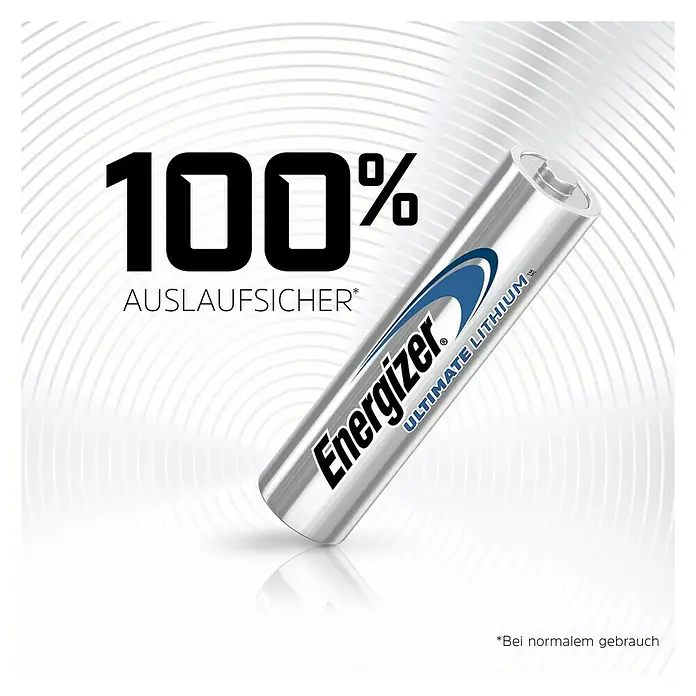Energizer Batterie Ultimate Lithium - Micro AAA, 1,5 V, 4 Stk. - Produktdarstellung: Energizer Ultimate Lithium Batterie, beworben mit "100% auslaufsicher" für zuverlässige Leistung im Alltag.
