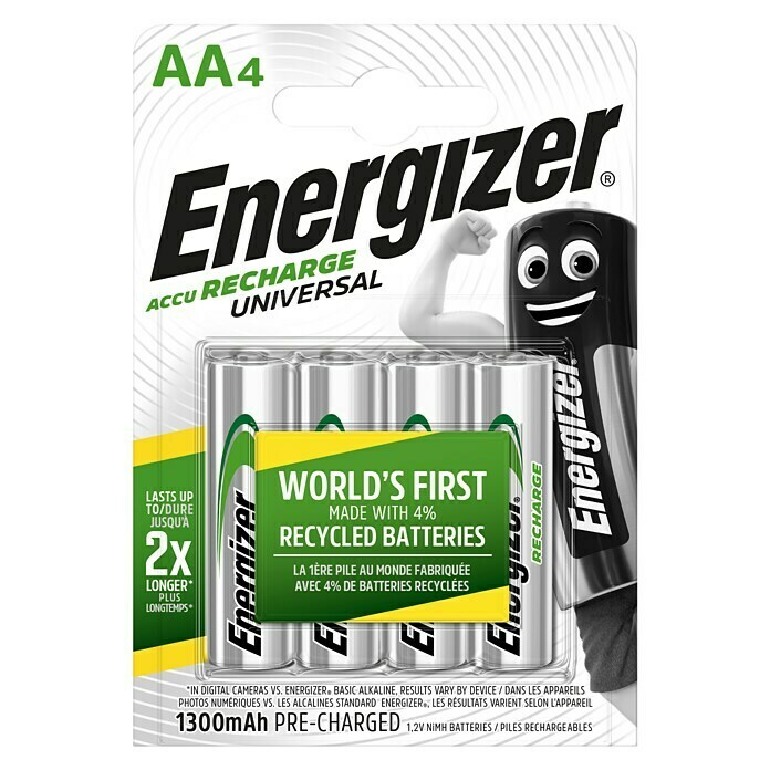 Energizer Rechargeable Universal AkkuMignon AA, 1.300 mAh, Nickel-Metallhydrid, 4 Stk. Front View