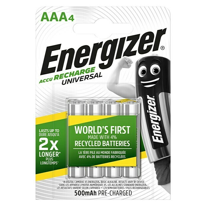 Energizer Akku Rechargeable Universal Micro AAAMicro AAA, 500 mAh, 1,2 V, 4 Stk. Front View