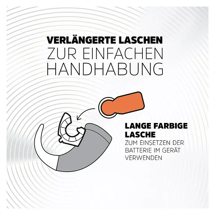 Energizer Hörgerätebatterie EZ Turn & Lock 13 - 1,4 V, 8 Stk. - Grafik mit einer Hörhilfe, die eine lange farbige Lasche zum Einsetzen der Batterie zeigt, für einfache Handhabung.