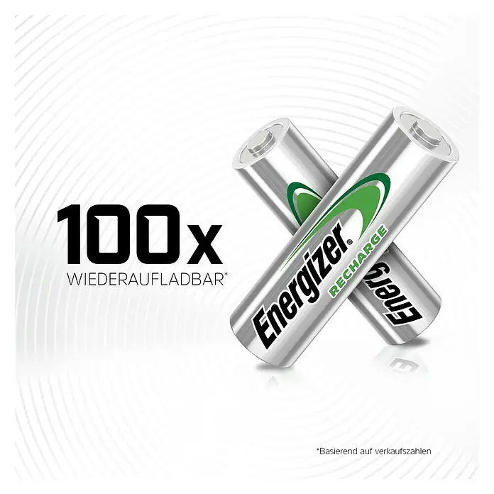 Energizer Akku Rechargeable Extreme AA - 2.300 mAh, 2 Stk., Mignon AA - Dargestellt sind zwei Energizer Recharge Akkus, die für bis zu 100-fache Wiederaufladung geeignet sind. Sie sind eine nachhaltige Energiequelle.