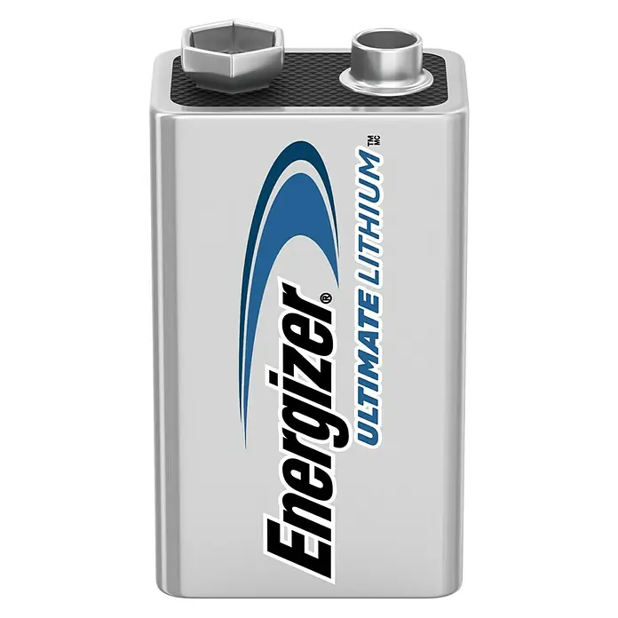 Energizer Ultimate Lithium Batterie - 9-Volt-Block, Lithium, 1 Stk. - Nahaufnahme einer 9-Volt-Energizer Ultimate Lithium-Batterie mit silbernem Gehäuse und markantem Logo.