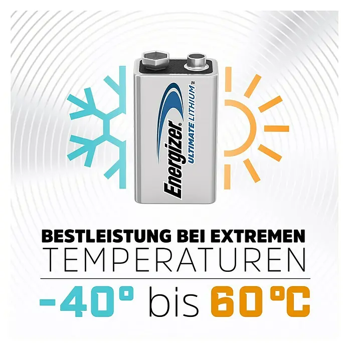 Energizer Ultimate Lithium Batterie - 9-Volt-Block, Lithium, 1 Stk. - Werbung für Energizer Ultimate Lithium-Batterien. Die Batterie ist ideal für extreme Temperaturen von -40° bis 60°C.