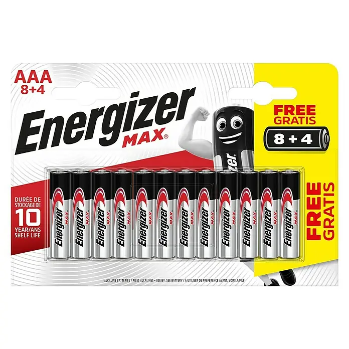 Energizer Max Batterie - Micro AAA, 1,5 V, Alkali-Mangan, 12 Stk. - Abbildung einer Packung Energizer MAX AAA Batterien, die 8+4 Gratisbatterien enthält. Ideal für Geräte des täglichen Gebrauchs.