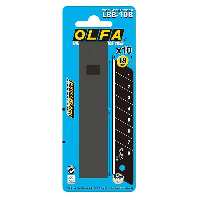 Olfa Abbrechklinge LBB - Klingenbreite: 18 mm, 10 Stk. - Abbildung der OLFA LBB-10B Excel Black Klingen, bekannt für ihre extreme Schärfe und Präzision für professionelle Anwendungen.