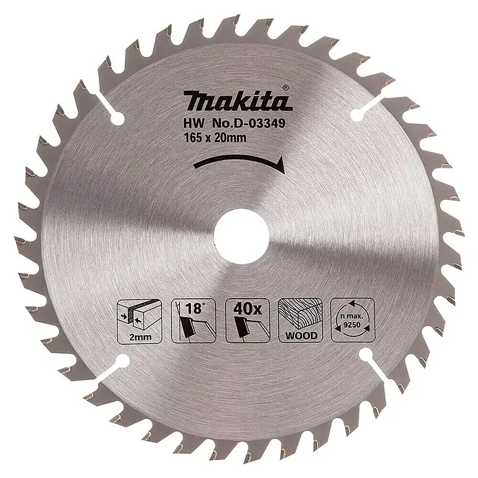 Makita Disco de sierra Standard - Diámetro: 165 mm, Orificio: 20 mm, Número de dientes: 40 ud. - Hoja de sierra circular de Makita, modelo HW No.D-03349, de 165 x 20 mm, ideal para trabajos de madera a 9250 RPM.