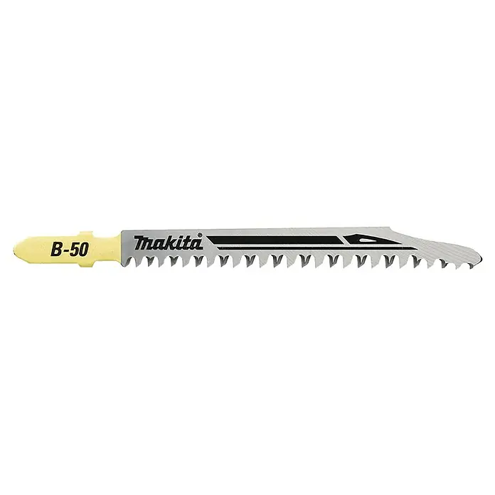 Makita Hoja de sierra de calar S-Express - Madera / madera aglomerada, Tipo de vástago: Vástago en T - Hoja de sierra de calar Makita B-50 con vástago amarillo, ideal para cortar con precisión diversos materiales. Construcción de alta calidad para durabilidad.